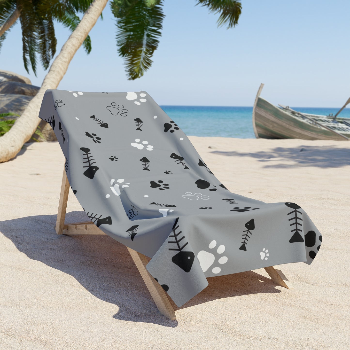 Paw Print Beach Towel – Gray Cat & Dog Fishbone Pattern