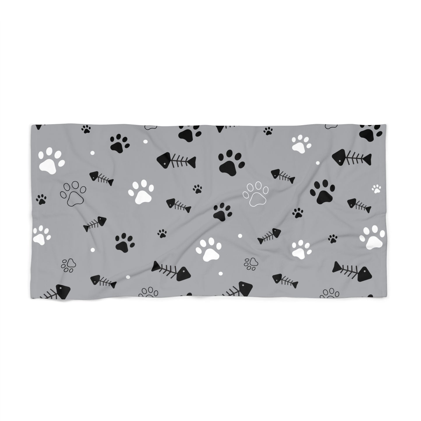 Paw Print Beach Towel – Gray Cat & Dog Fishbone Pattern