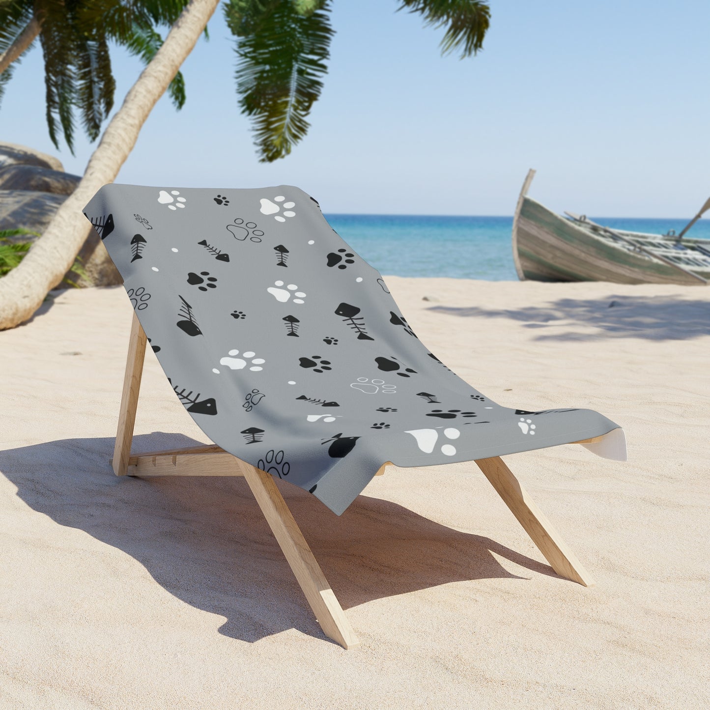 Paw Print Beach Towel – Gray Cat & Dog Fishbone Pattern
