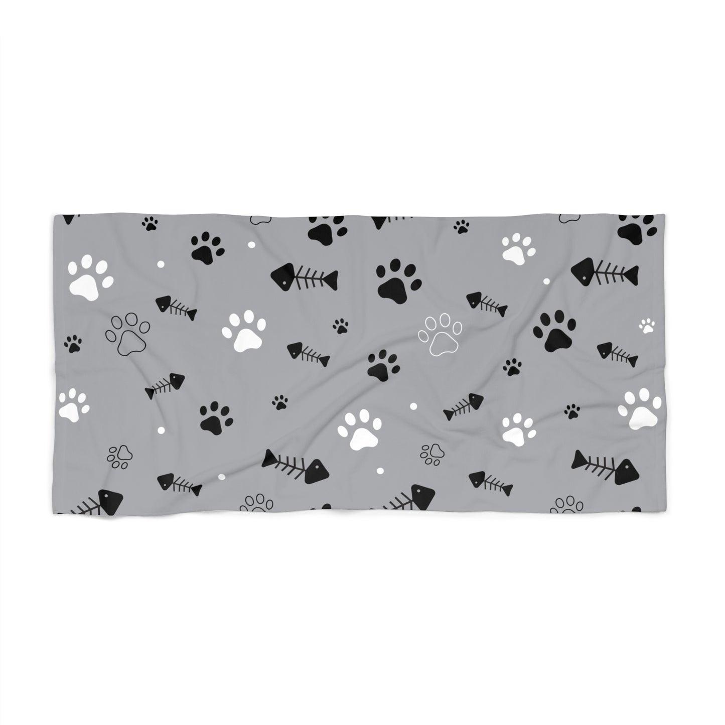 Paw Print Beach Towel – Gray Cat & Dog Fishbone Pattern